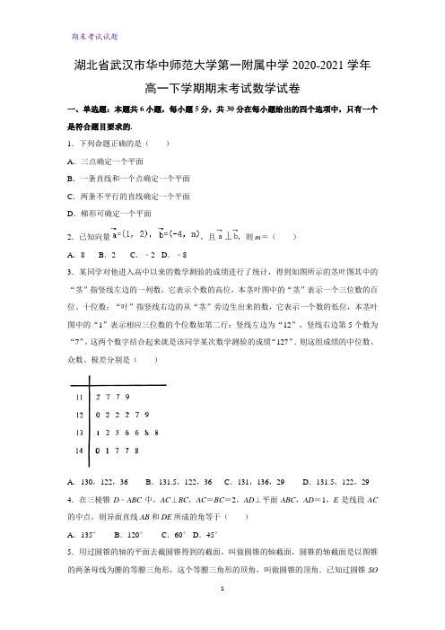 2020-2021学年湖北省武汉市华中师范大学第一附属中学高一下学期期末考试数学试卷(解析版)