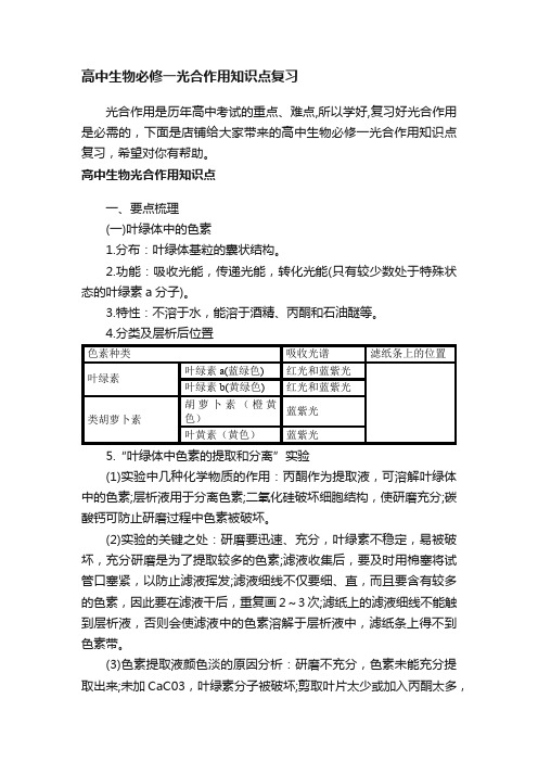 高中生物必修一光合作用知识点复习