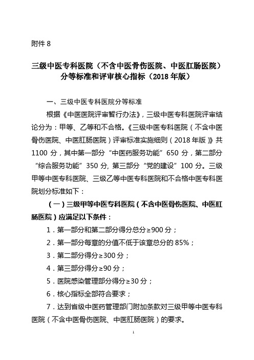 三级中医专科医院(不含中医骨伤医院、中医肛肠医院)分等标准和评审核心指标(2018年版)