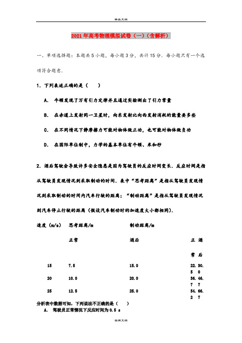 2021年高考物理模拟试卷(一)(含解析)