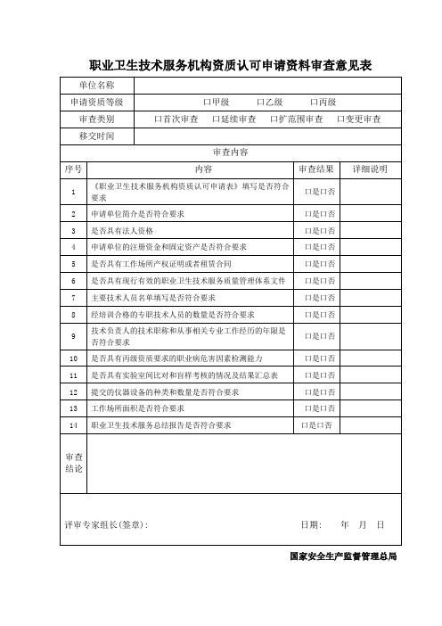 职业卫生技术服务机构资质认可申请资料审查意见表