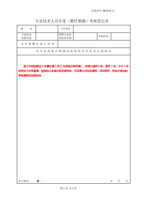 (表九)评审年度考核登记表