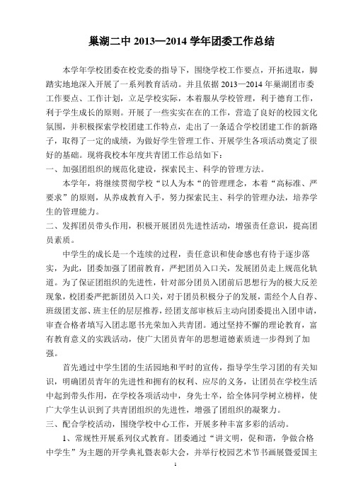 巢湖二中2013—2014学年团委工作总结