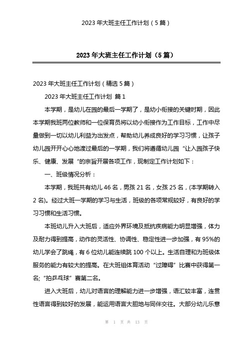 2023年大班主任工作计划(5篇)