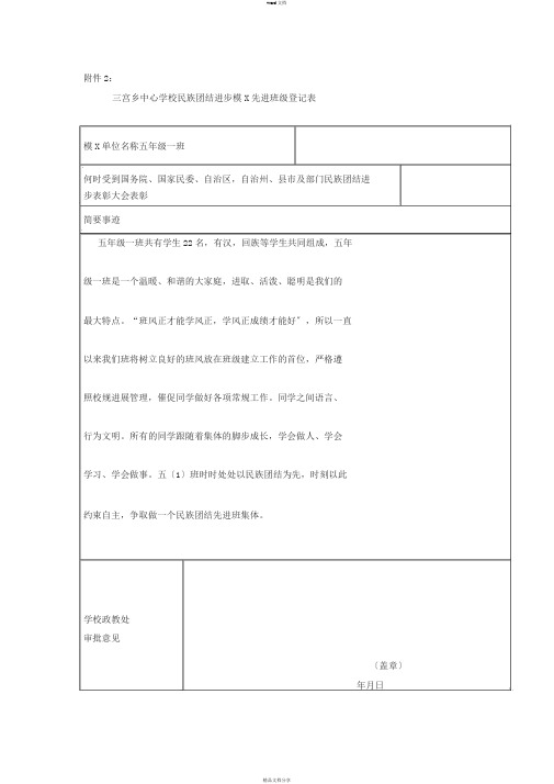 五(1)班—民族团结先进班级申请表