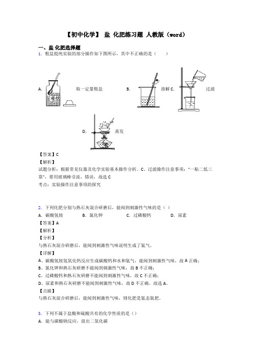 【初中化学】 盐 化肥练习题 人教版(word)