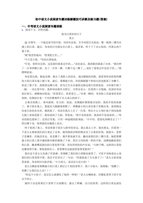 初中语文小说阅读专题训练解题技巧讲解及练习题(答案)