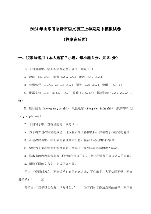 山东省临沂市语文初三上学期期中试卷与参考答案(2024年)