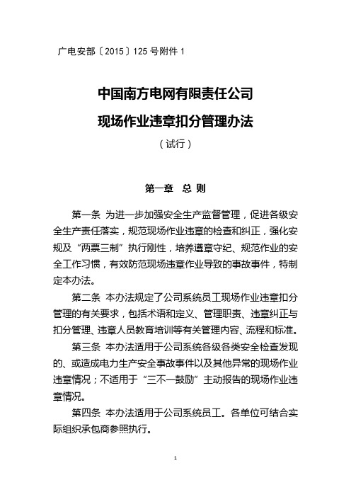 中国南方电网有限责任公司现场作业违章扣分管理办法(试行)