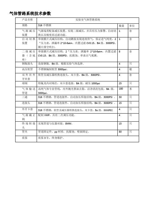 气体管路系统技术参数