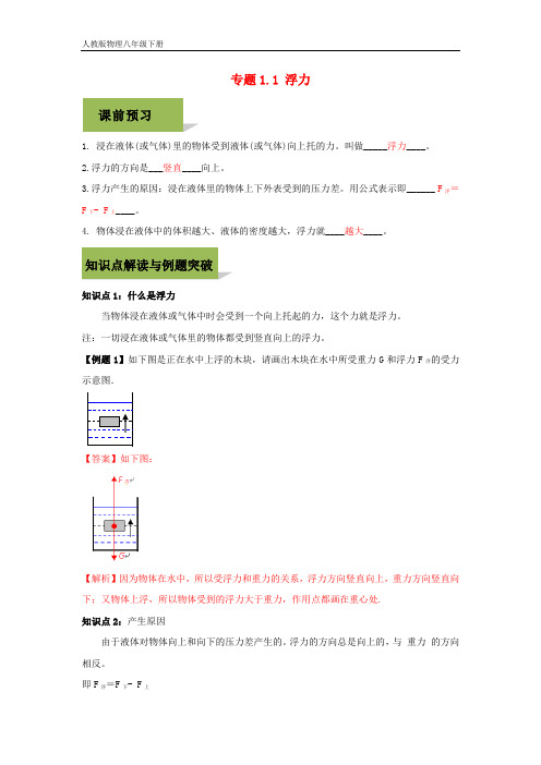 人教版物理八年级下册 10.1浮力精讲精练含解析(人教版物理八年级下册)