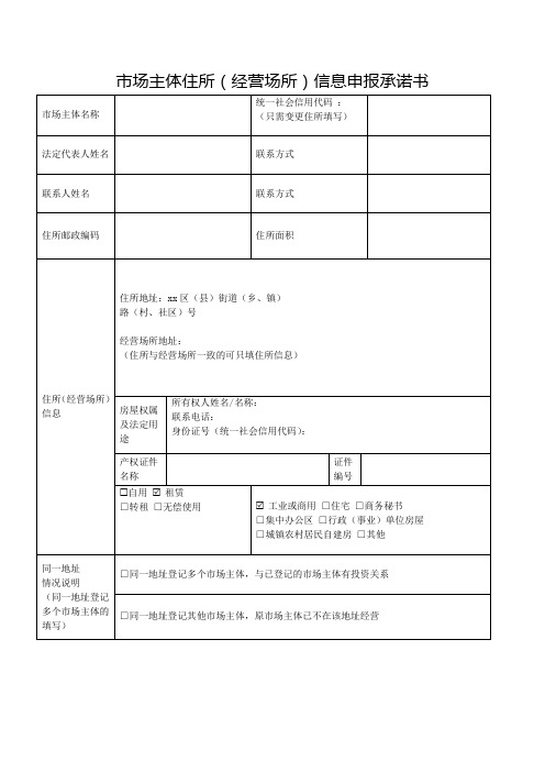 市场主体住所(经营场所)信息申报承诺书