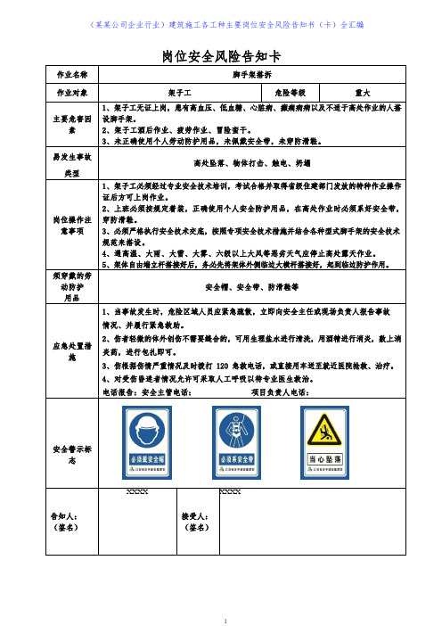 (某某公司企业行业)建筑施工各工种主要岗位安全风险告知书(卡)全汇编