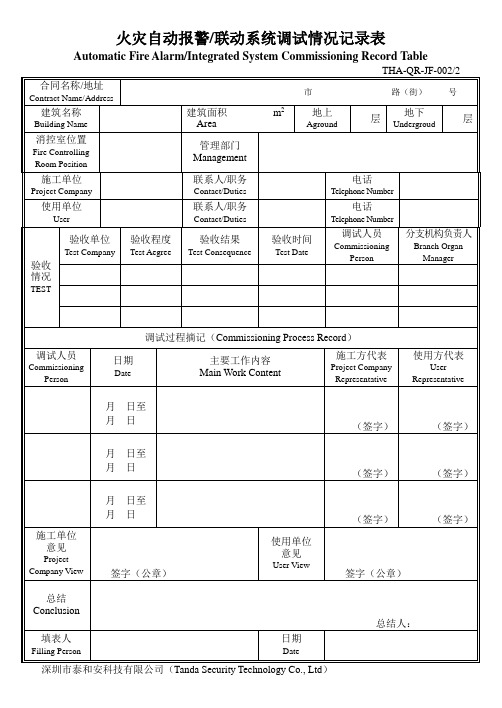 火灾自动报警联动系统调试情况记录表