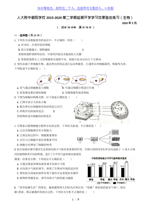 北京人大附朝阳学校2019-2020第二学期初三延期开学学习效果验收练习(Word版,有答案)