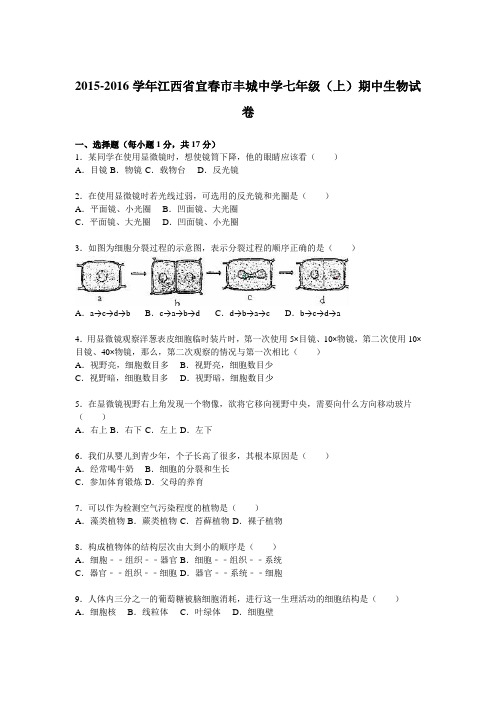 江西省宜春市丰城中学2015-2016学年七年级(上)期中生物试卷(解析版)