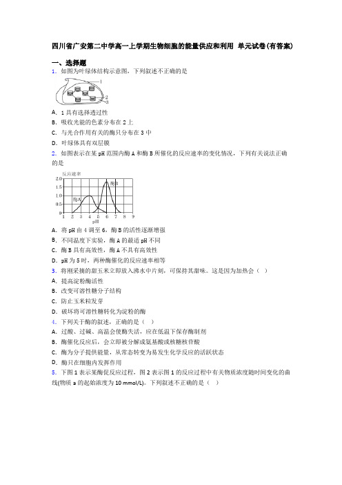 四川省广安第二中学高一上学期生物细胞的能量供应和利用 单元试卷(有答案)