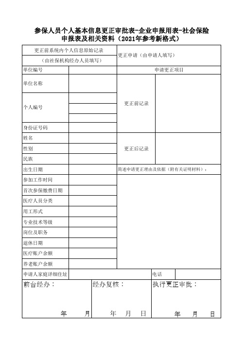 参保人员个人基本信息更正审批表-企业申报用表-社会保险申报表及相关资料(2021年参考新格式)