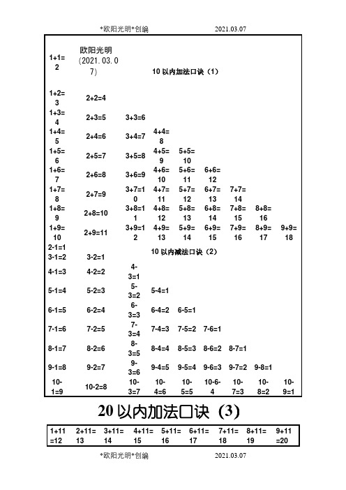 20以内加减法口诀表之欧阳光明创编
