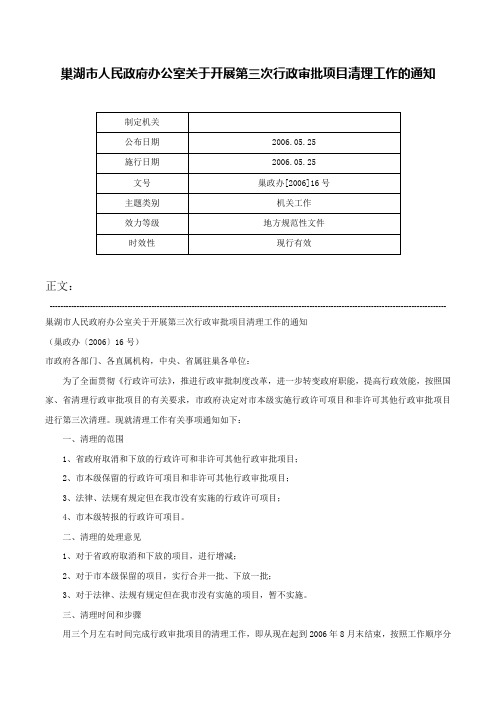 巢湖市人民政府办公室关于开展第三次行政审批项目清理工作的通知-巢政办[2006]16号