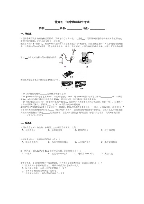 甘肃初三初中物理期中考试带答案解析
