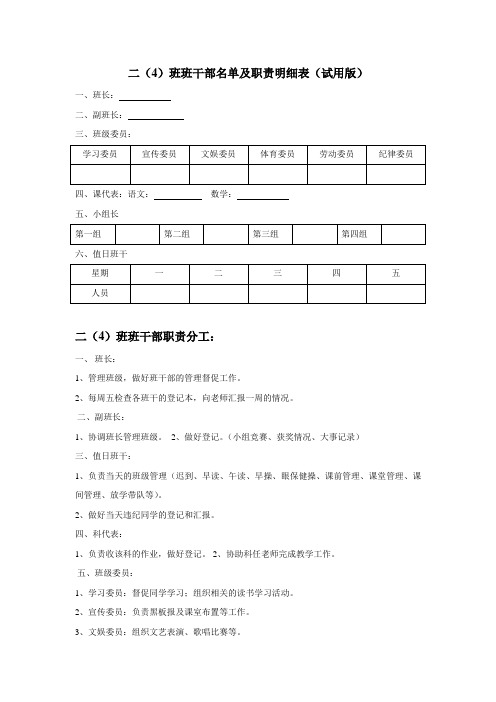 二(4)班班干部名单及职责明细表