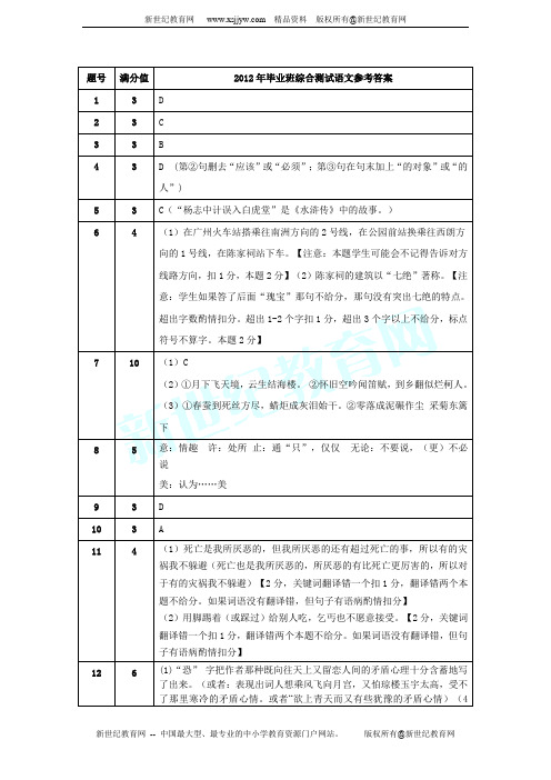 2012天河区毕业班综合测试一语文试卷