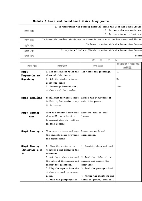 七年级英语下册Module 1 Lost and found Unit 2 Are they yours 教学设计(新外研版)