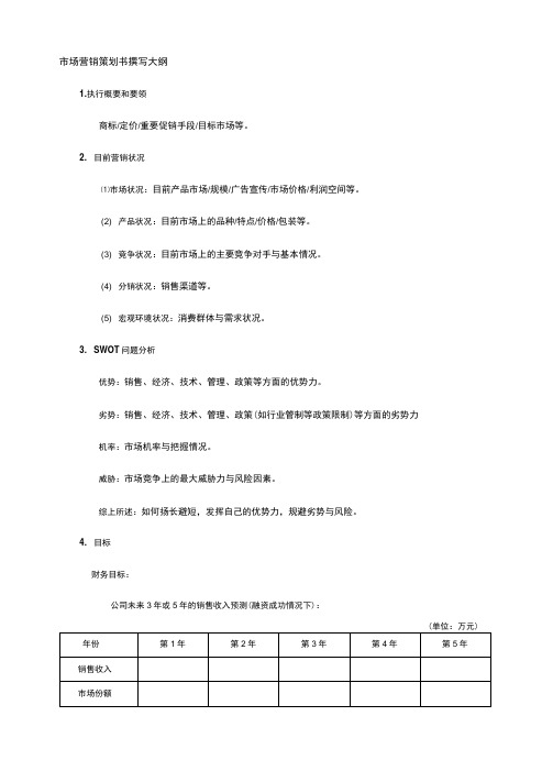 市场营销策划书大纲