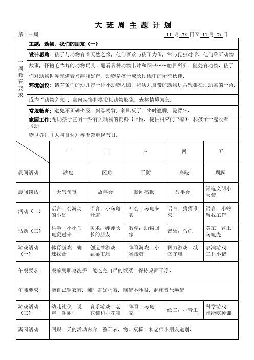 周 主 题 计 划(第十三周)动物,我们的朋友(一)-推荐下载