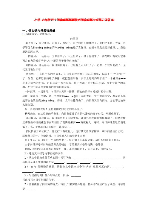 小学 六年级语文阅读理解解题技巧阅读理解专项练习及答案