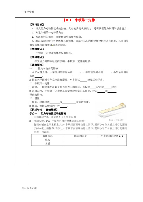 【K12教育学习资料】八年级物理下册 8.1 牛顿第一定律导学案(无答案)(新版)新人教版