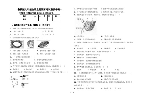 鲁教版七年级生物上册期末考试卷及答案一