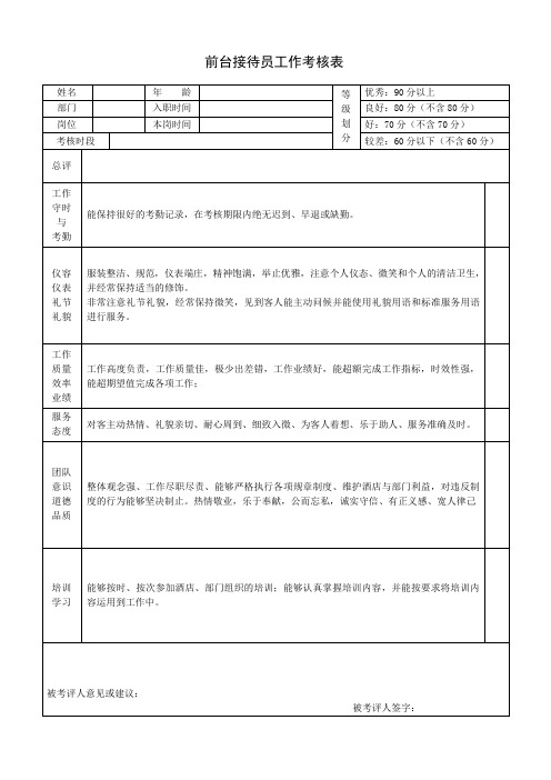 前台接待员工作考核表