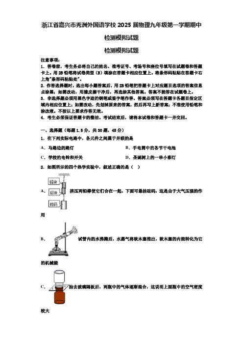 浙江省嘉兴市秀洲外国语学校2025届物理九年级第一学期期中检测模拟试题含解析