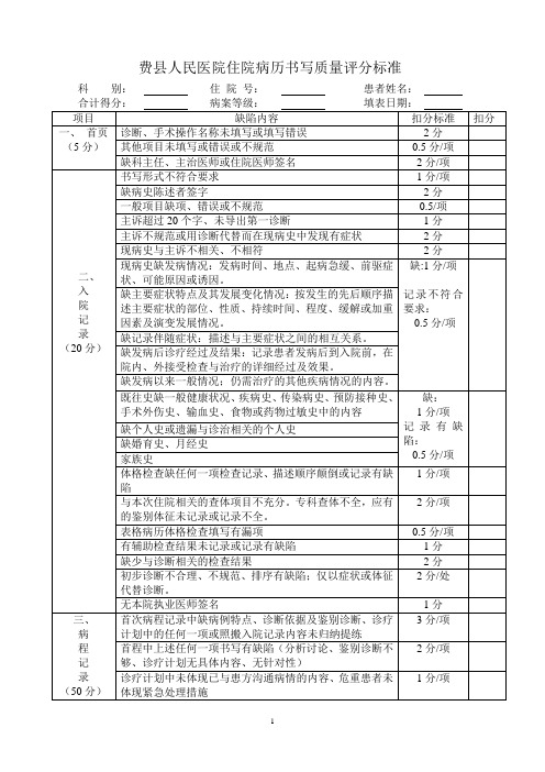 住院病历质量评价标准