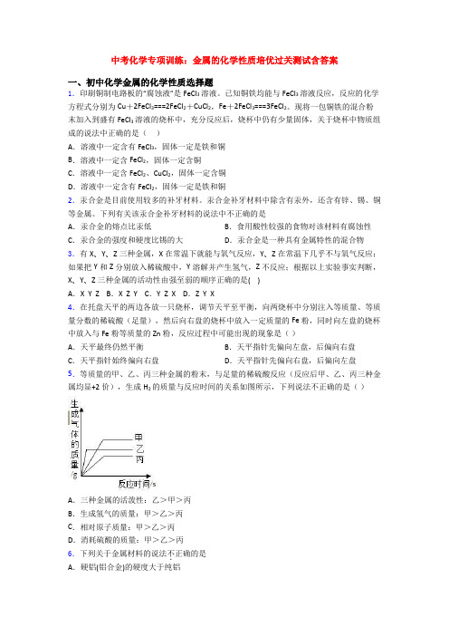 中考化学专项训练：金属的化学性质培优过关测试含答案