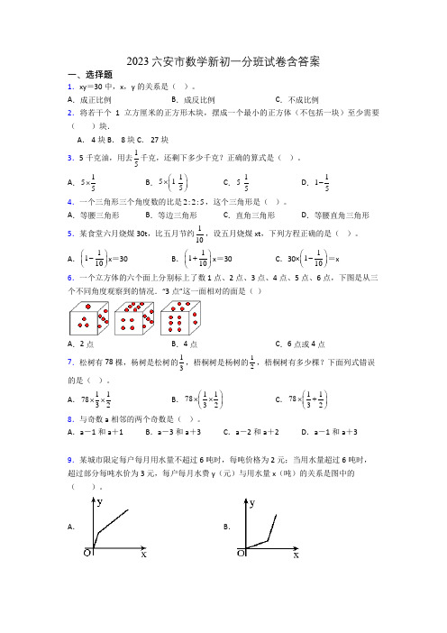 2023六安市数学新初一分班试卷含答案