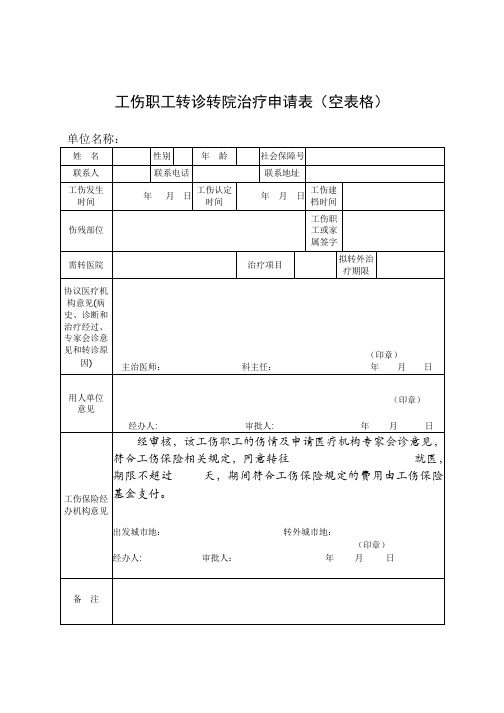 工伤职工转诊转院治疗申请表(空表格)(2021年参考新格式)