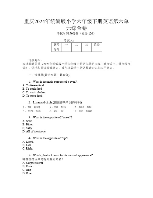 重庆2024年统编版小学六年级下册第一次英语第六单元综合卷