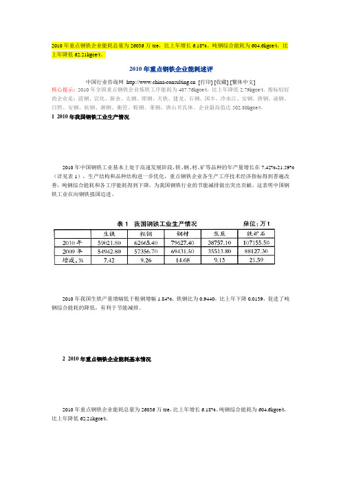 2010年重点钢铁企业能耗述评