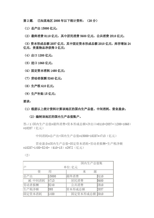 电大：已知某地区2008年以下统计资料