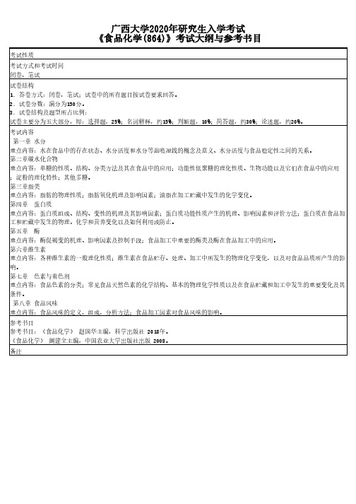 广西大学864食品化学2020年考研专业课初试大纲