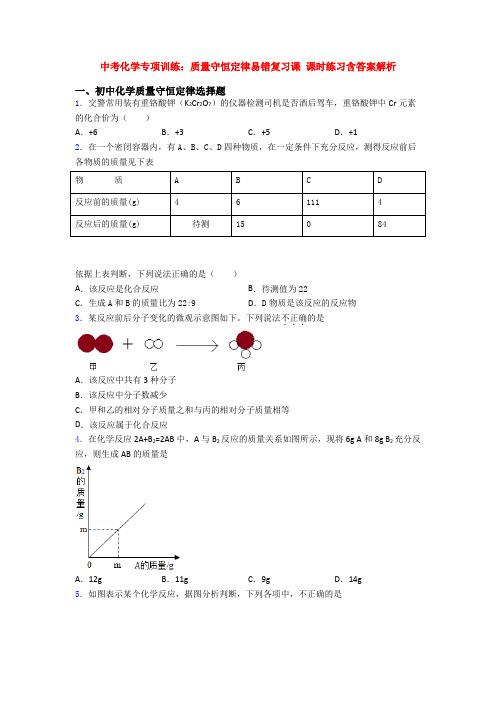 中考化学专项训练：质量守恒定律易错复习课 课时练习含答案解析