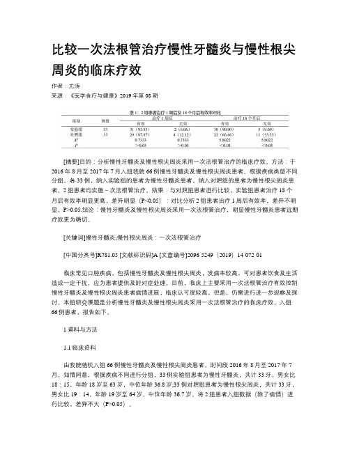 比较一次法根管治疗慢性牙髓炎与慢性根尖周炎的临床疗效