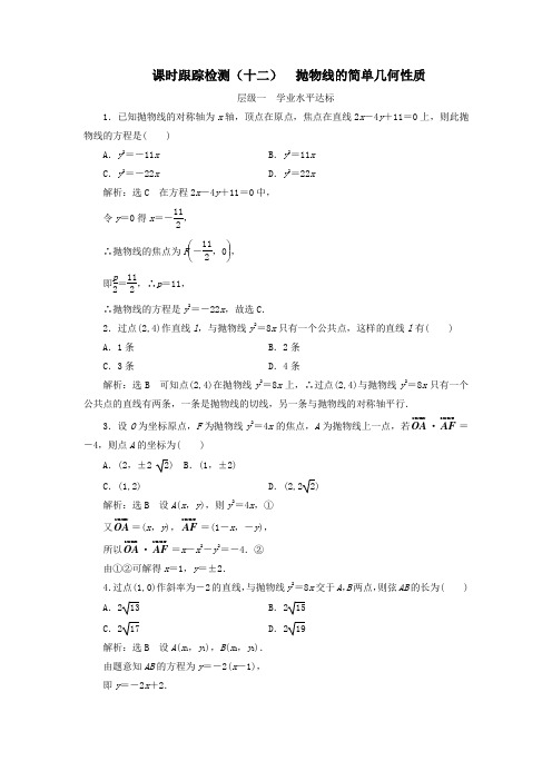 高中数学课时跟踪检测(十二)抛物线的简单几何性质(含解析)新人教A版选修1_1