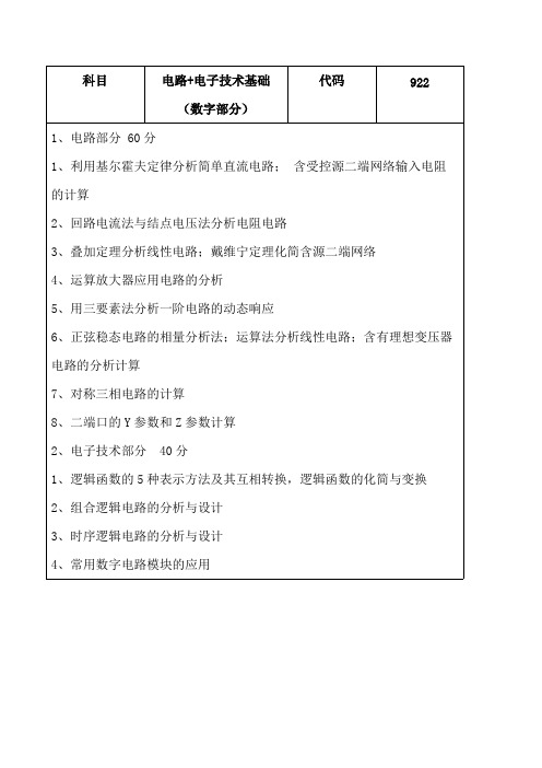 内蒙古科技大学922电路+电子技术基础(数字部分)2020考研专业课初试大纲