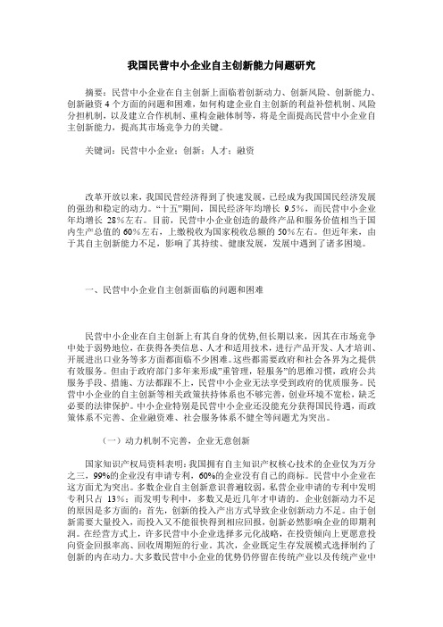 我国民营中小企业自主创新能力问题研究