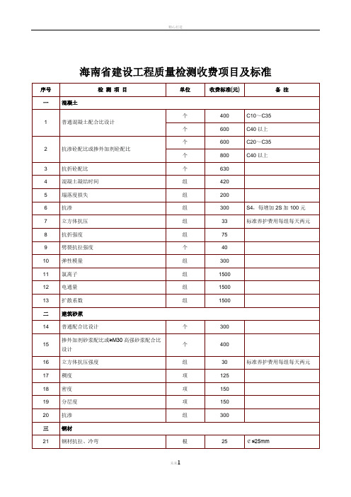 海南省建设工程质量检测收费项目及标准