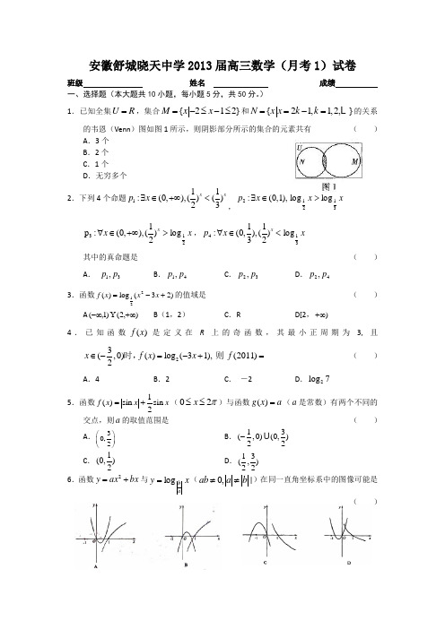 安徽舒城晓天中学2013届高三数学(月考1)试卷